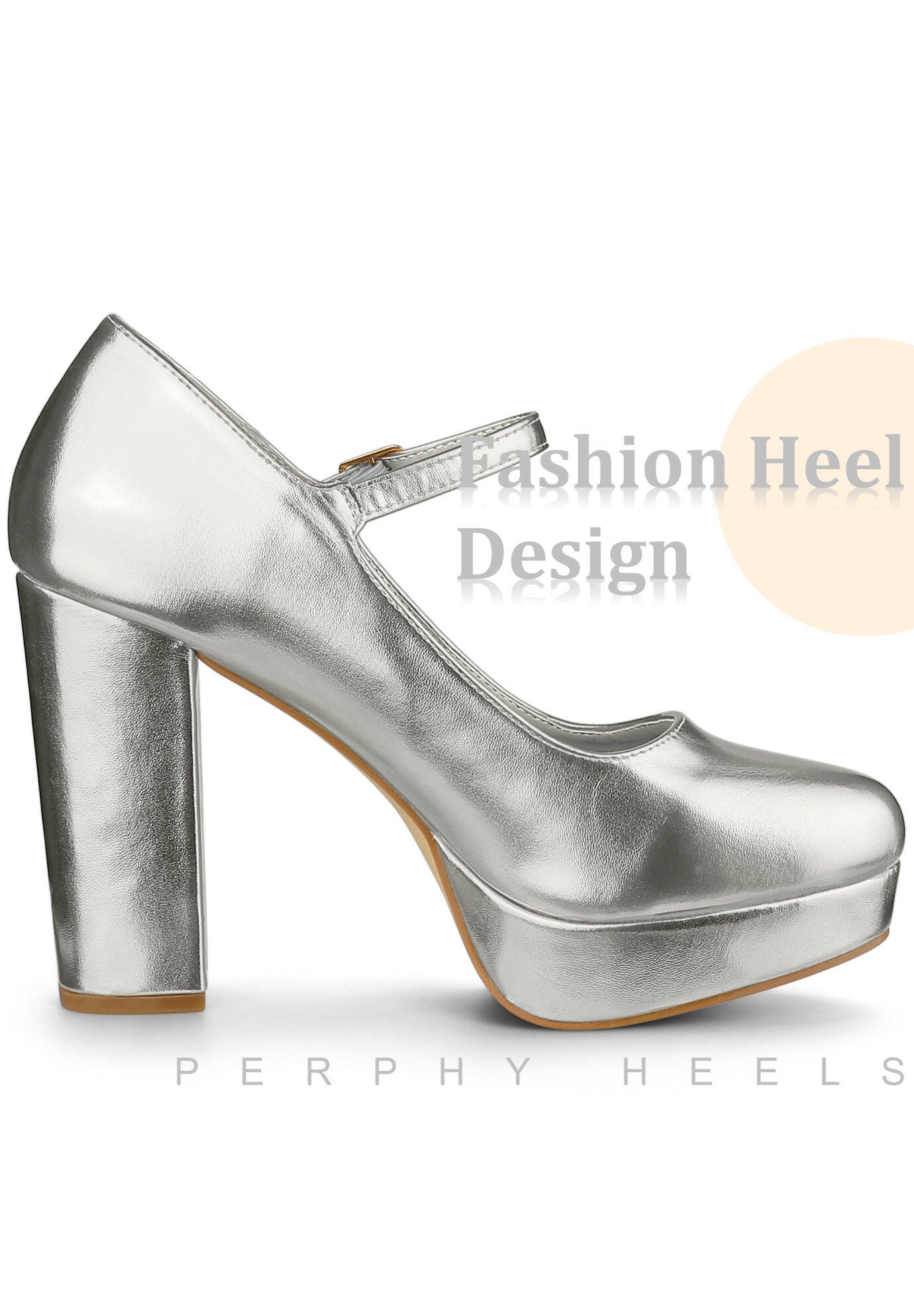 Platform Mary Janes Shoes Chunky High Heels, Silver / Silver, alternate image number 2