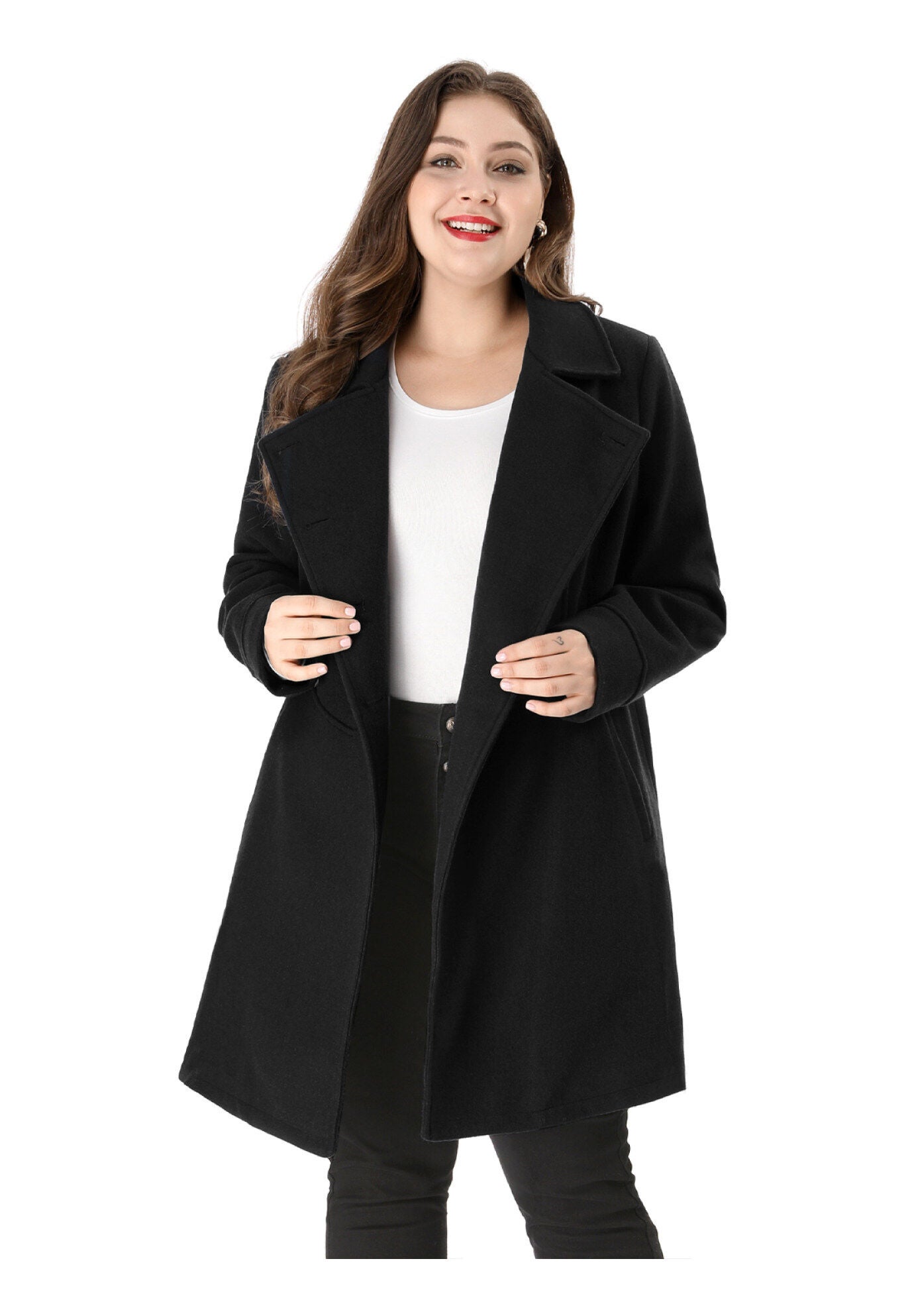 A-LINE PETER PAN COLLAR DOUBLE BREASTED PEACOAT, Black / Black, alternate image number 2