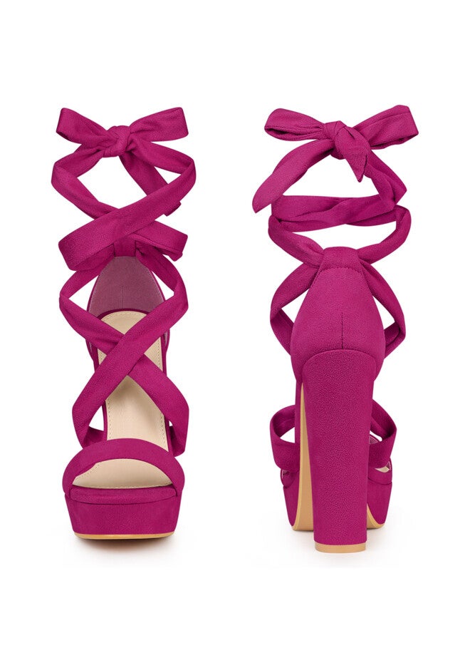 Platform Lace Up Chunky High Heels Sandals, Hot Pink / Deep Fuchsia, alternate image number 1