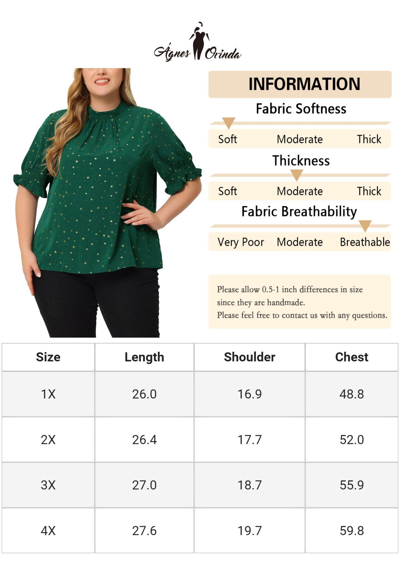 Pleated Mock Neck Star Print Puff Sleeve Blouse Top, Green / Forest Green, alternate image number 4