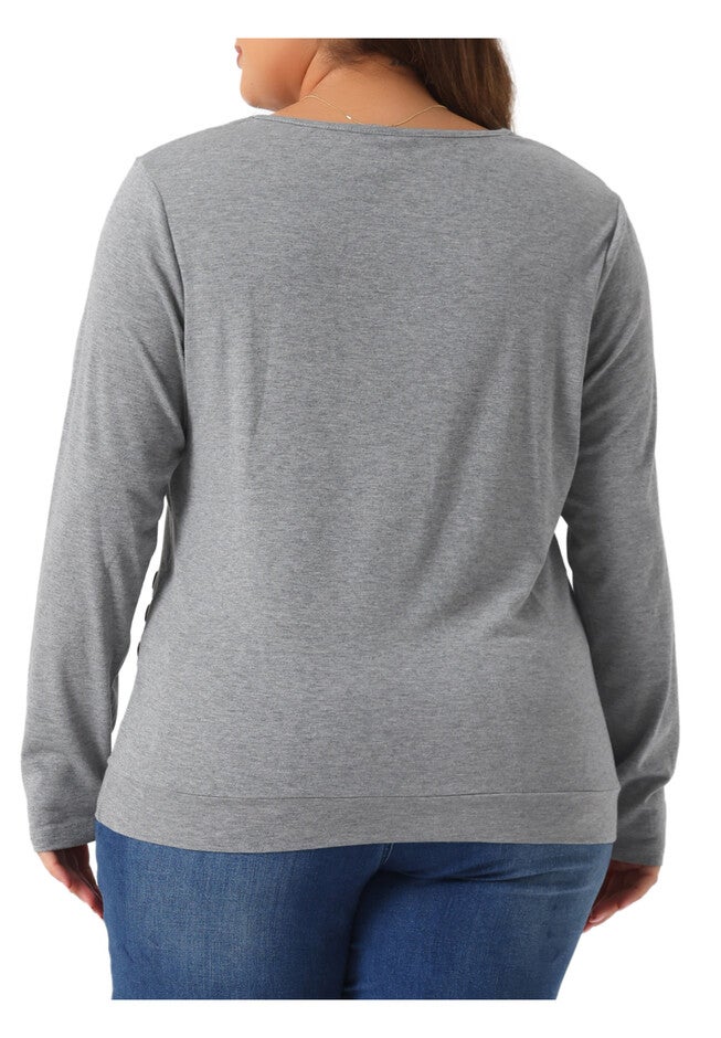 V Neck Long Sleeve Buttons Decor Ruched Casual Blouse Tunic Top, Grey / Light Grey, alternate image number 3