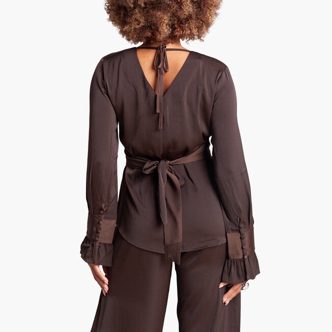 Long Sleeve Wrap Top, Brown / Brown, alternate image number 4