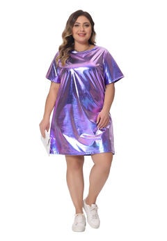 Metallic Round Neck Short Sleeve Loose Mini T-Shirt Dress