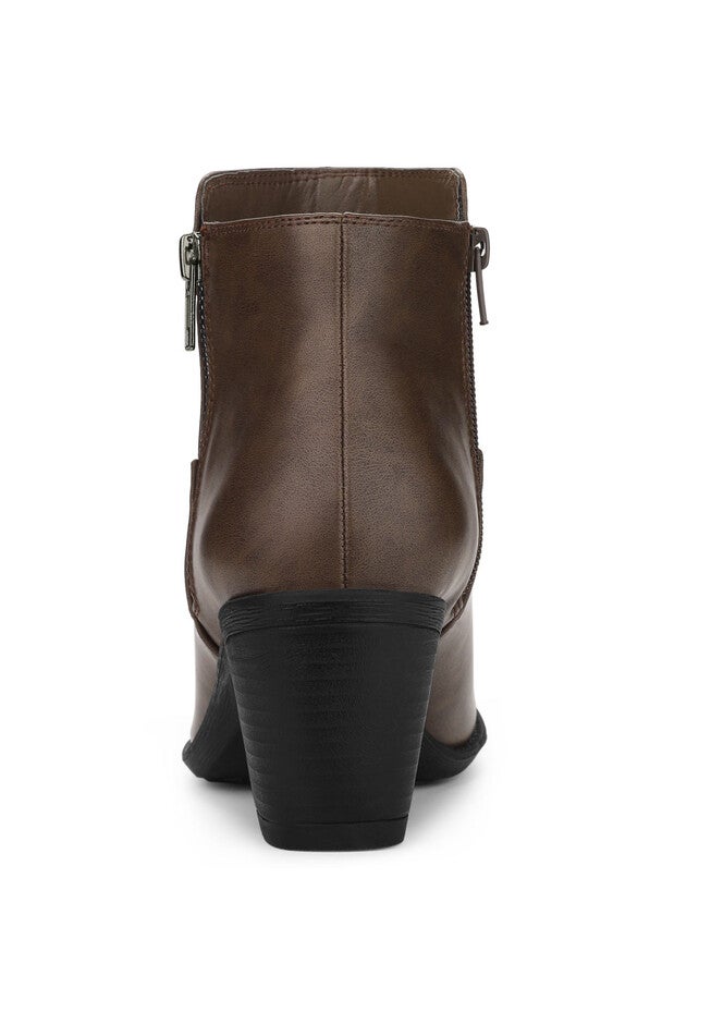 ROUND TOE CHUNKY HEEL ZIPPER ANKLE BOOTS, Brown / Brown, alternate image number 2