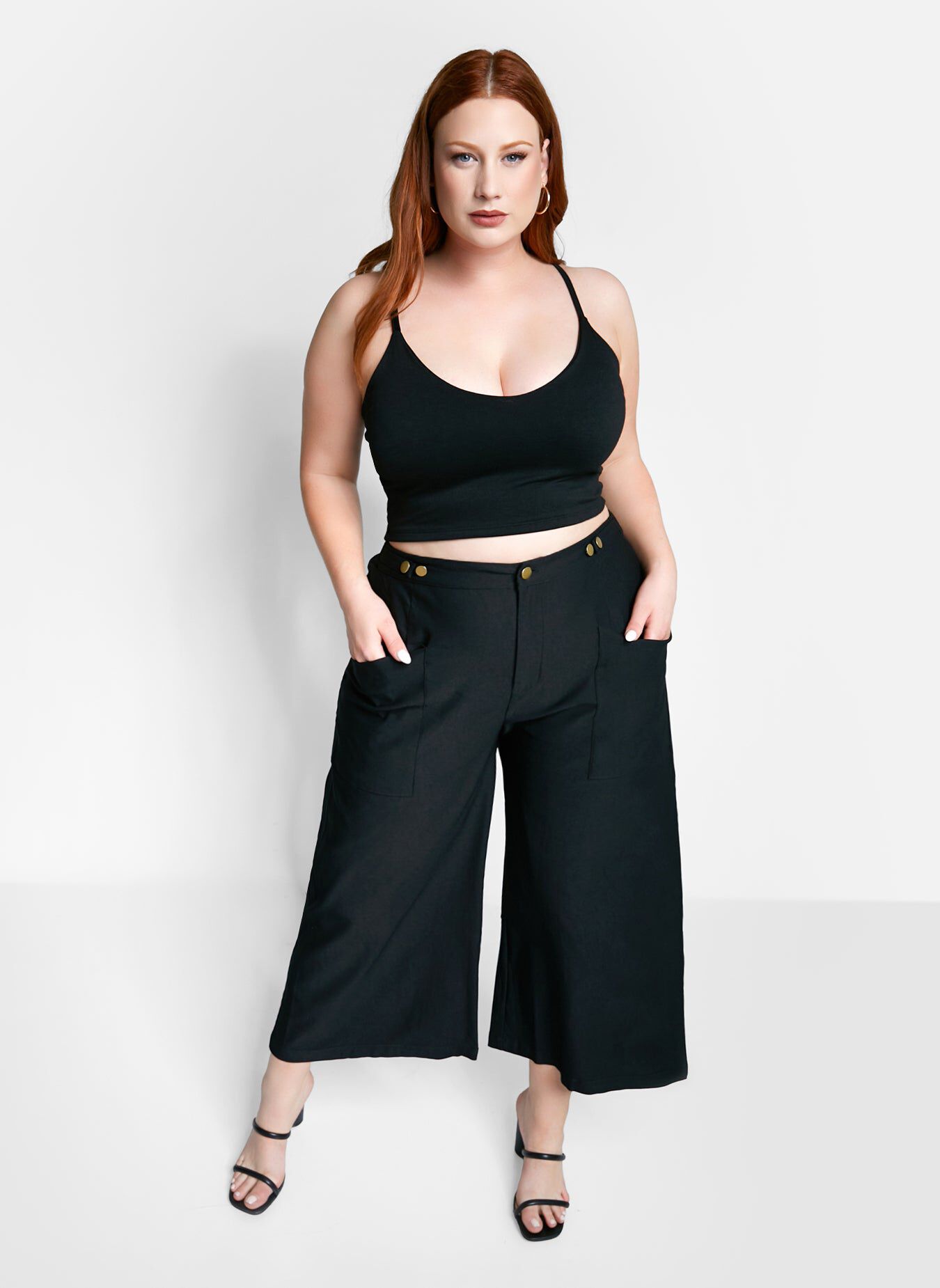 Essential V Neck Strappy Crop Top, Black / Black, alternate image number 1