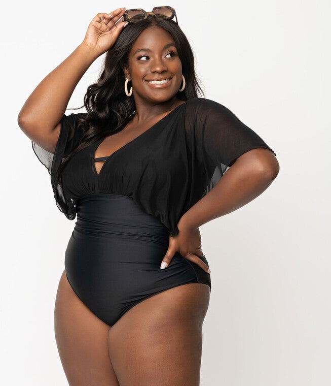 Unique Vintage Black Mesh Sleeved Torrey Swimsuit, , alternate image number 8