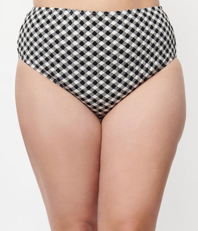 Unique Vintage Plus Size Black & White Gingham Daphne Swim Bottoms, Black White Gingham / Black, alternate image number null