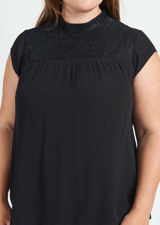 Tatiana Cap Sleeve Blouse with Lace Yoke, BLACK / Black, alternate image number null