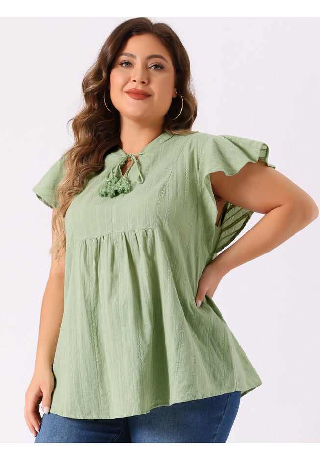 V NECK TASSEL SELF TIE FLUTTER BLOUSE, Green / Light Green, alternate image number 1