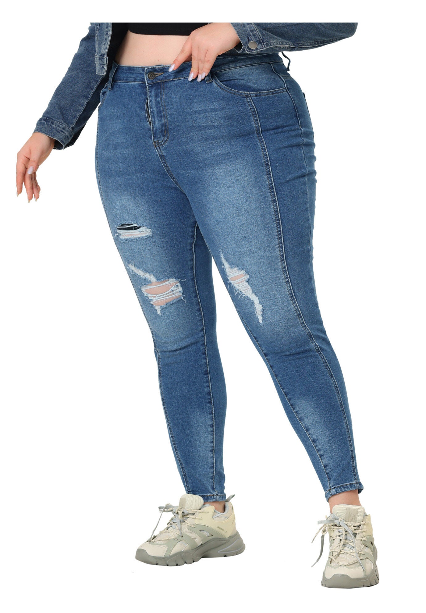 MID RISE STRETCH WASHED SKINNY JEANS DENIM JEGGINGS, BlueRipped / Dusty Blue, alternate image number 2
