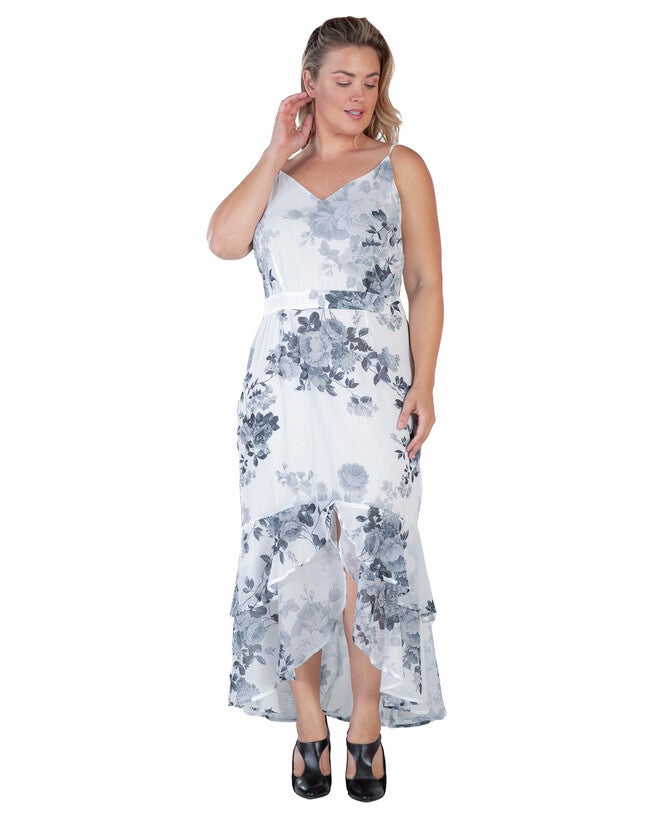 Samara Womens Plus Size Floral Print High-Low Ruffle Hem Maxi Dress, Black White Floral / Black, alternate image number 3