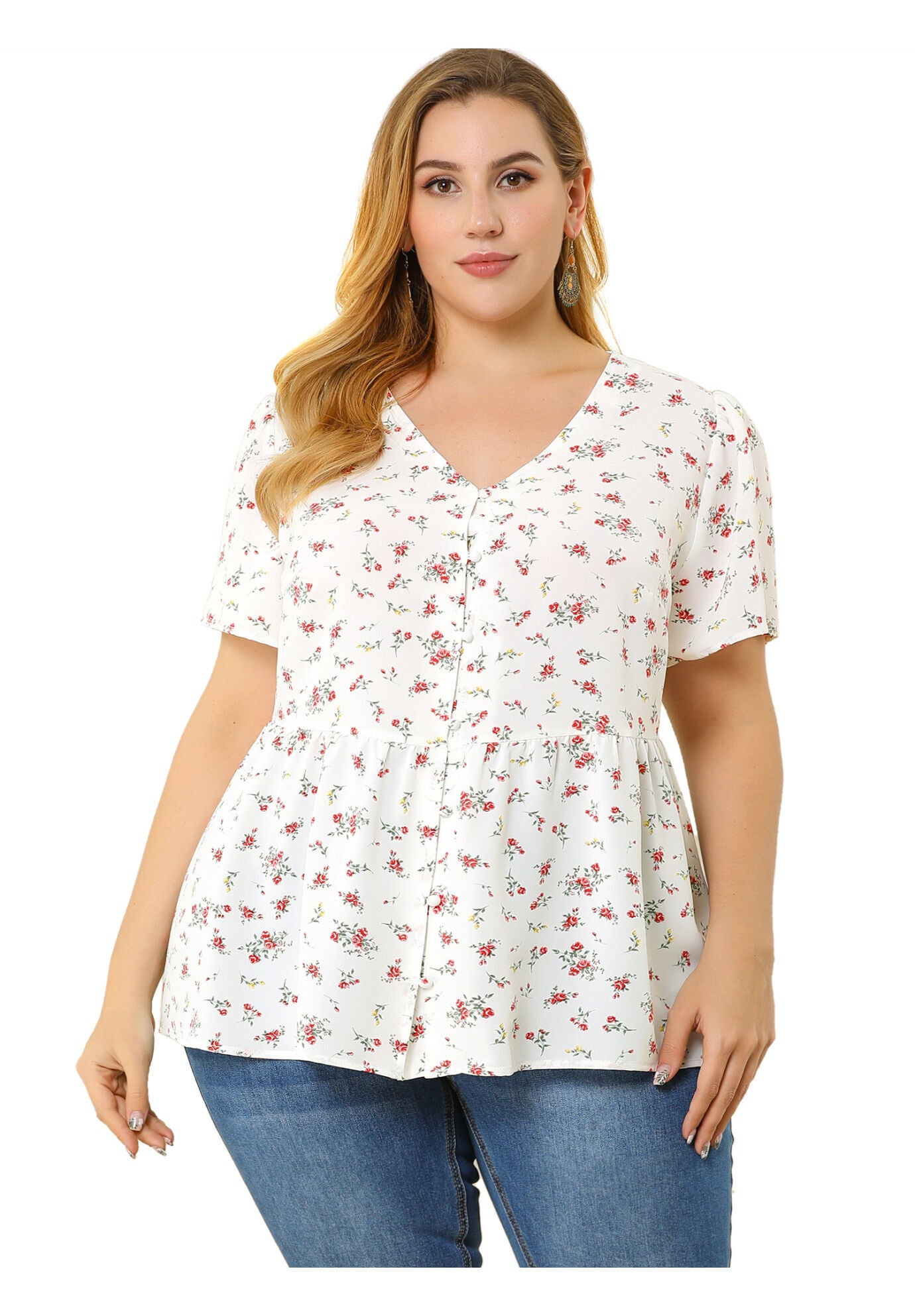 Chiffon Shirt V Neck Ruffle Short Sleeve Floral Peplum Top, White / White, alternate image number 3