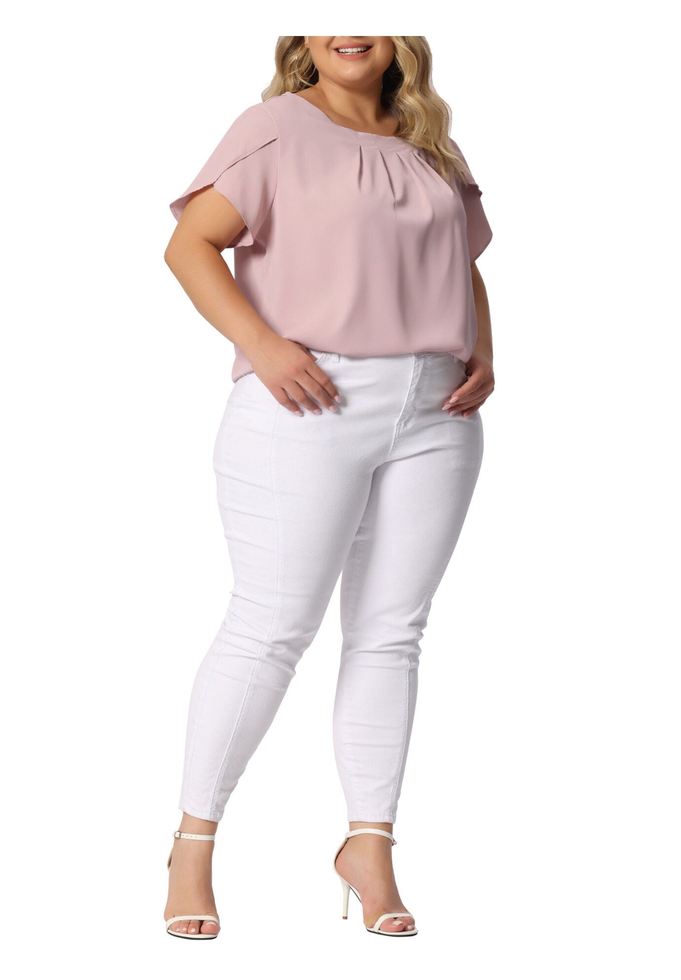 Round Neck Pleated Top Tulip Sleeves Blouse Top, Pink / Pink, alternate image number 1