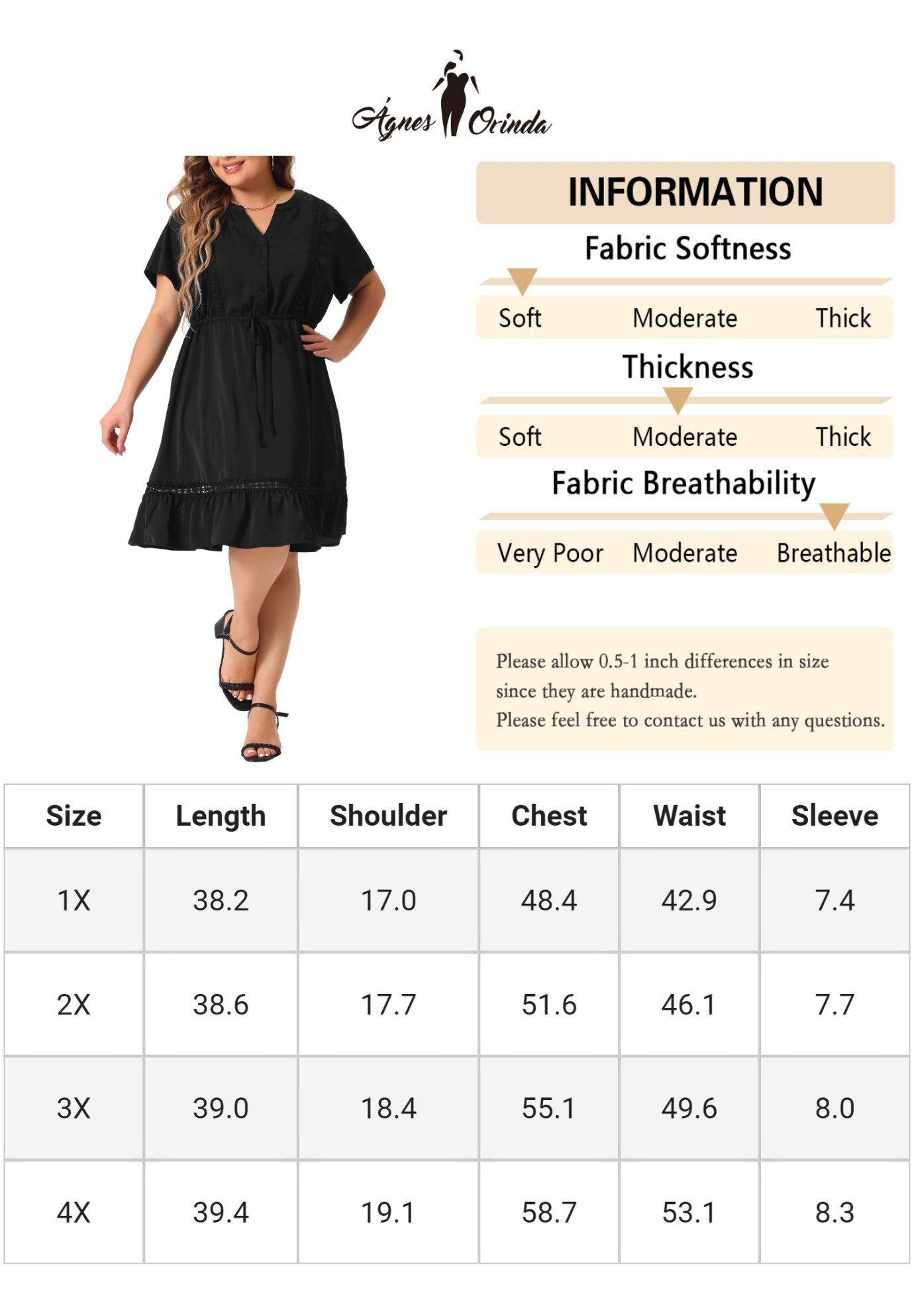 Button V Neck Summer Midi Ruffle A Line Swing Dress, Black / Black, alternate image number 4