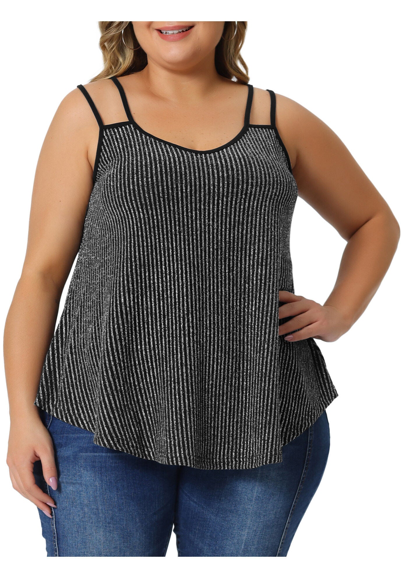 Sleeveless V Neck Tank Cami Party Glitter Sparkle Top, Silver / Silver, alternate image number 2