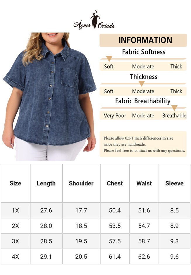 Jean Short Sleeve Button Down Top Denim Shirt, Denim Blue / Chambray Denim Medium, alternate image number 4