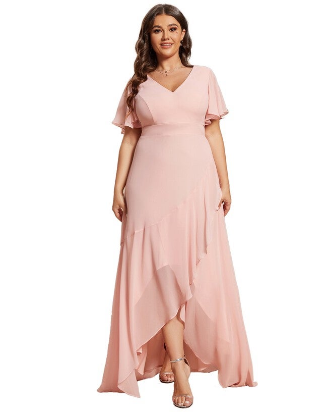 Charming Chiffon Bridesmaid Dress with Lotus Leaf Hemline, Pink / Pink, hi-res image number 0