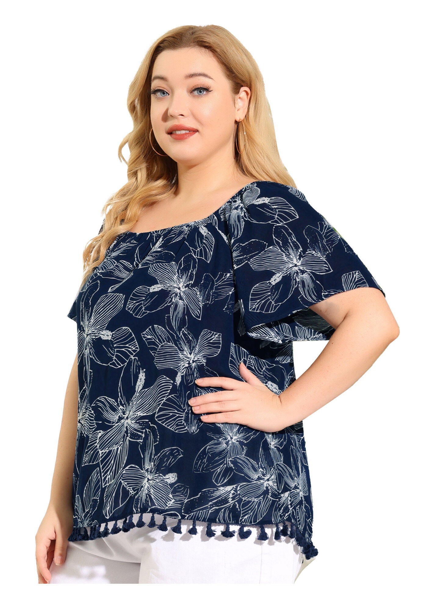Square Neck Floral Tassel Hem Boho Tops, Navy Blue / Navy, alternate image number 3