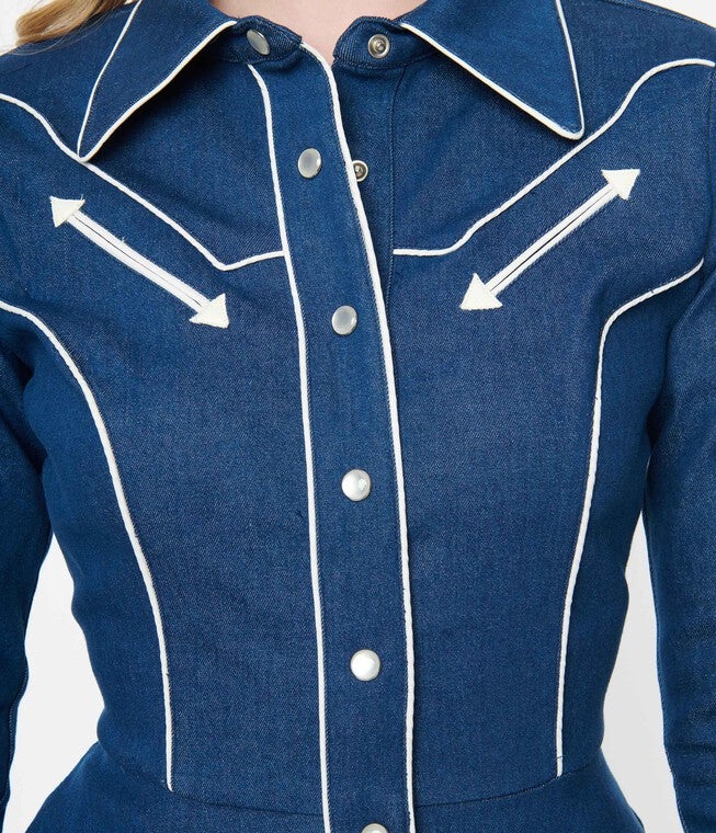 Unique Vintage Denim Western Shirt Swing Dress, , alternate image number null