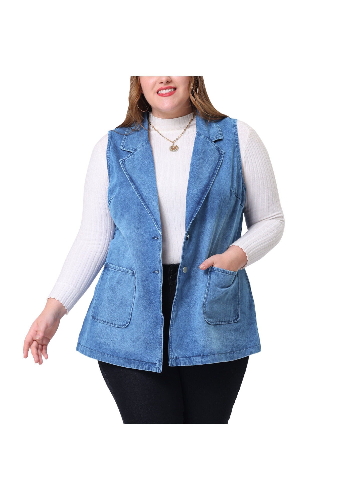 SLEEVELESS LAPEL LONG JEAN DENIM TUNIC VEST, Medium Blue / Royal Blue, alternate image number 3