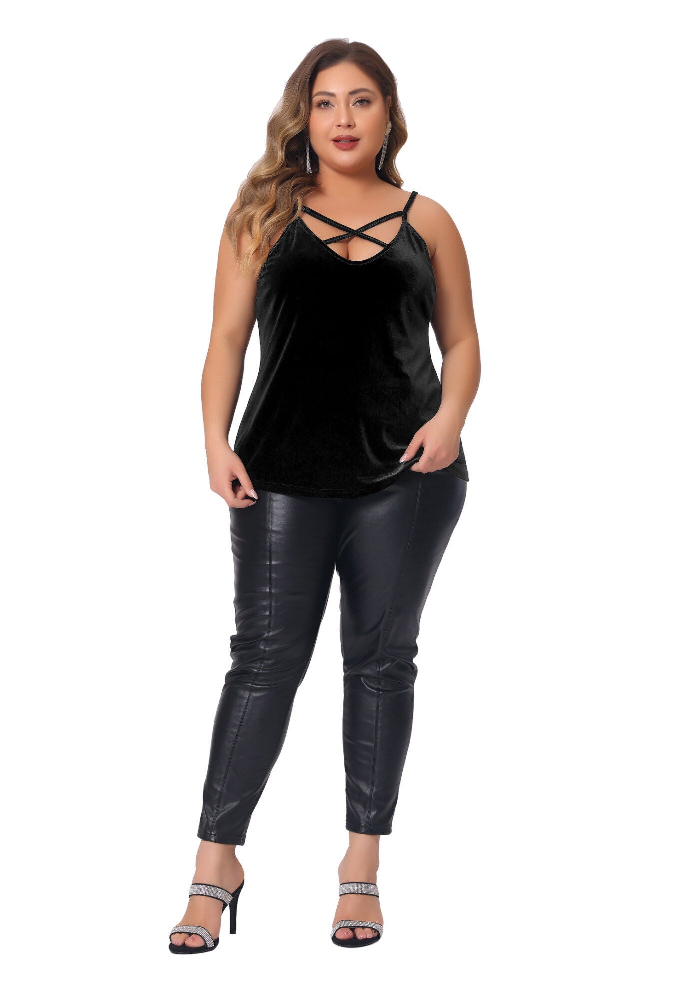 Criss Cross V Neck Spaghetti Strap Cami Velvet Tank Top, Black / Black, hi-res image number 0