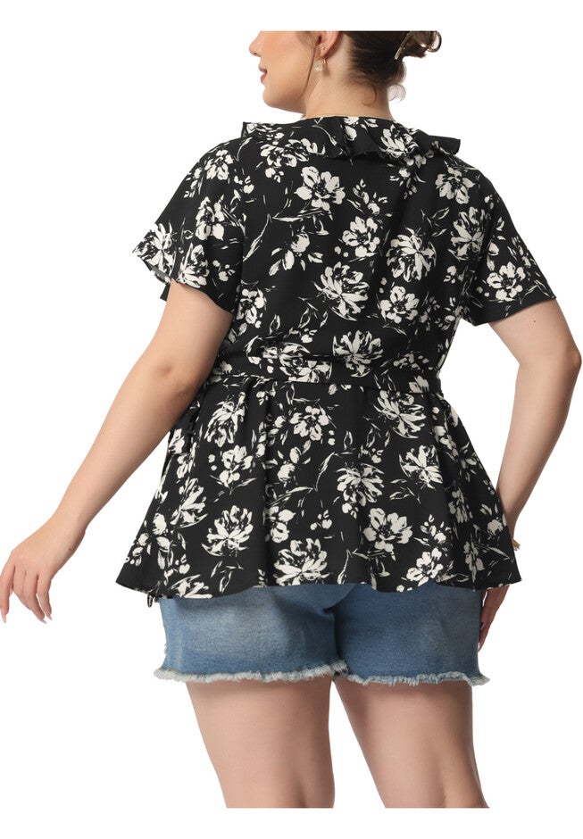 Wrap V Neck Tie Waist Ruffle Sleeve Blouse Summer Floral Top, Black / Black, alternate image number 2