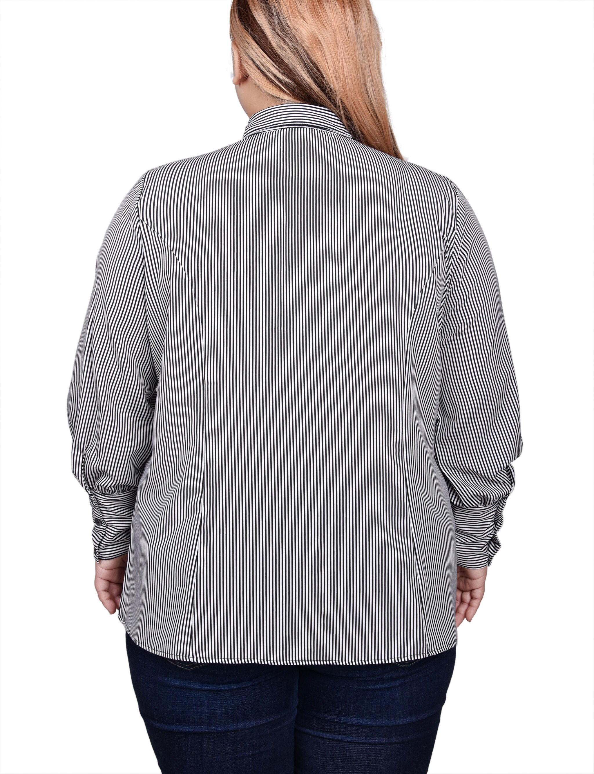 Long Sleeve Crochet Trimmed Blouse, White Black Stripe / white, alternate image number 1