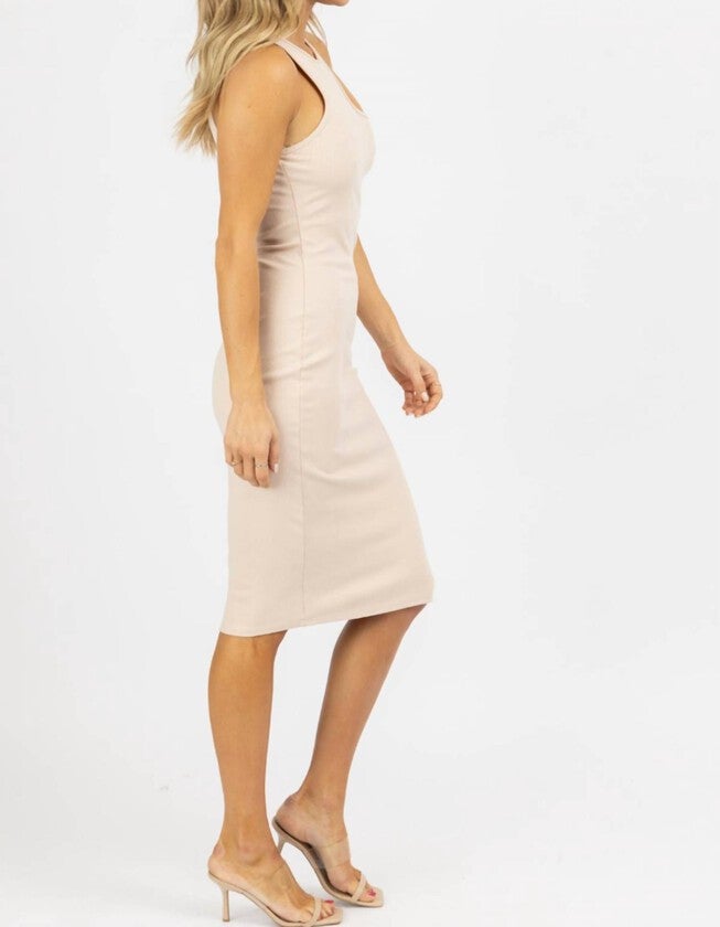 ASYMMETRIC NECKLINE RIB MIDI DRESS IN NUDE, , alternate image number null