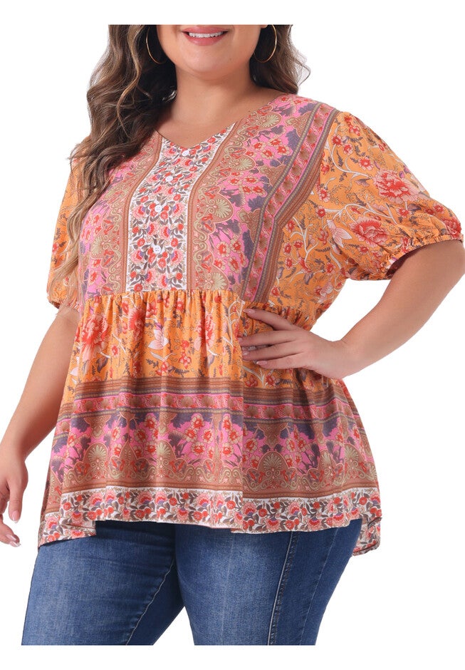 Boho Floral Print V Neck Peplum Loose Blouse, Orange / Orange, alternate image number 1