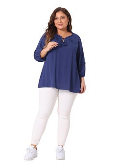 TIE NECK TASSEL SELF FLUTTER 3/4 SLEEVE BLOUSE TOP