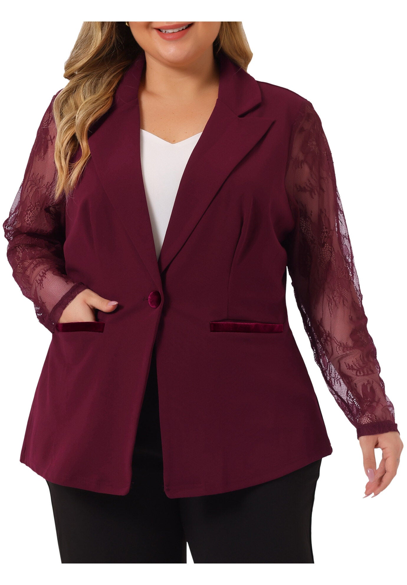 NOTCH LAPEL LACE FRONT BLAZER JACKET, Red / Red, alternate image number 1