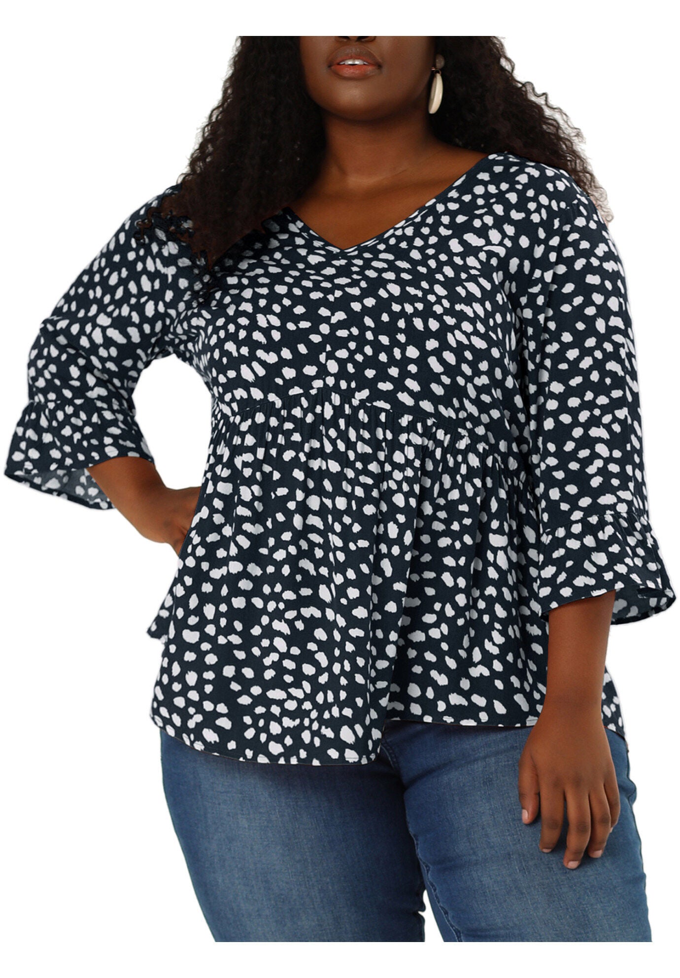 Polka Dots Blouse 3/4 Ruffle Sleeve Peplum Top, Navy Blue / Navy, alternate image number 1