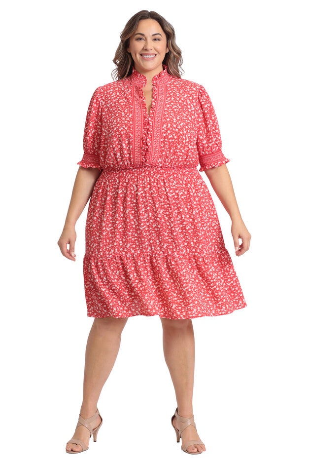 Smocked waist and puff sleeve tiered skirt dress, RedWhite / Red, hi-res image number 0