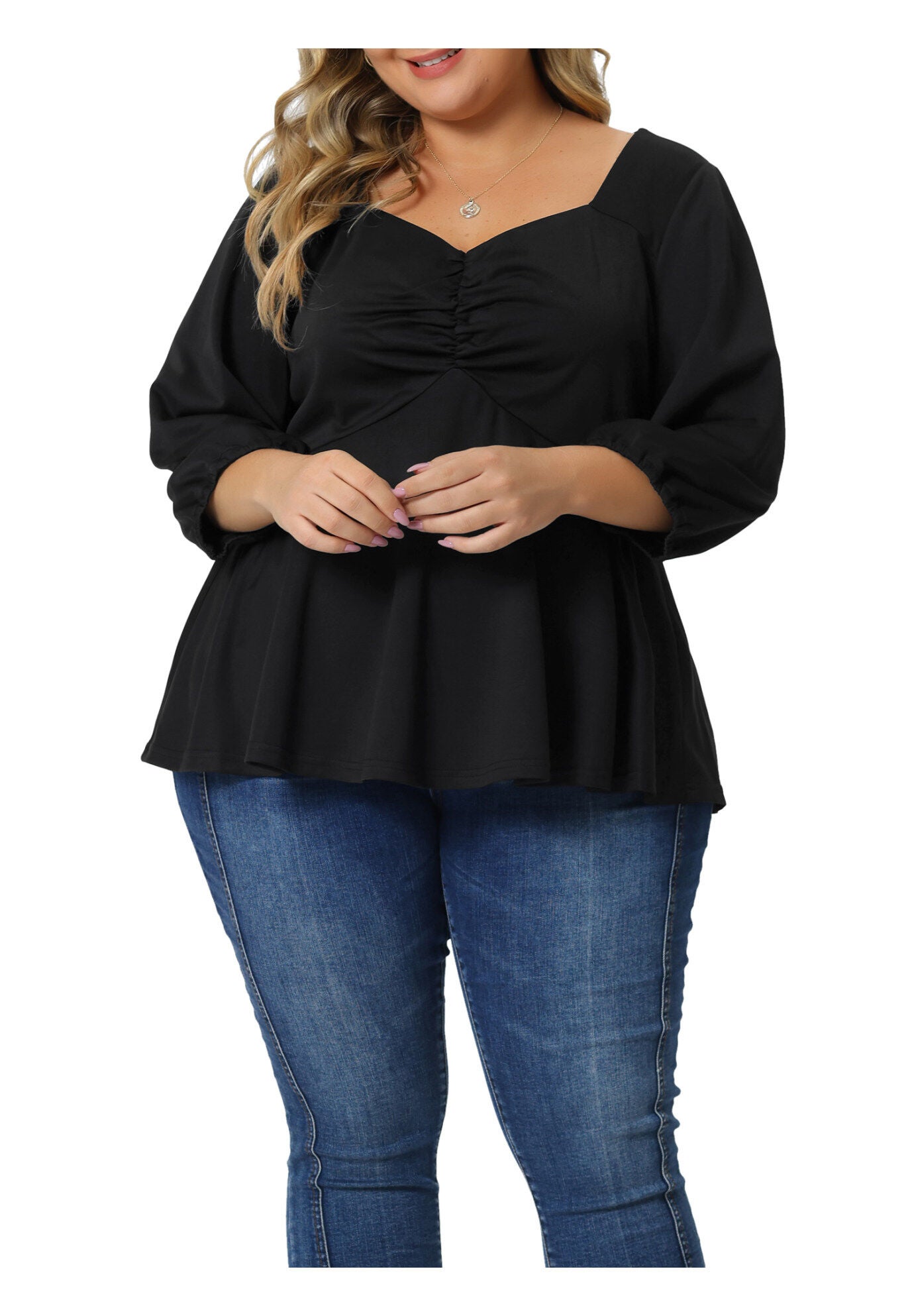 SWEETHEART V NECK ELBOW SLEEVE FRONT RUCHED PEPLUM BLOUSE, Black / Black, alternate image number 1