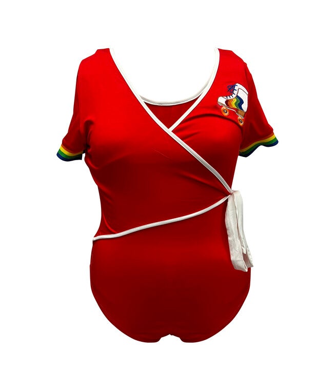 Unique Vintage Red & Rainbow Skate Surplice Bodysuit, Red / Red, hi-res image number null