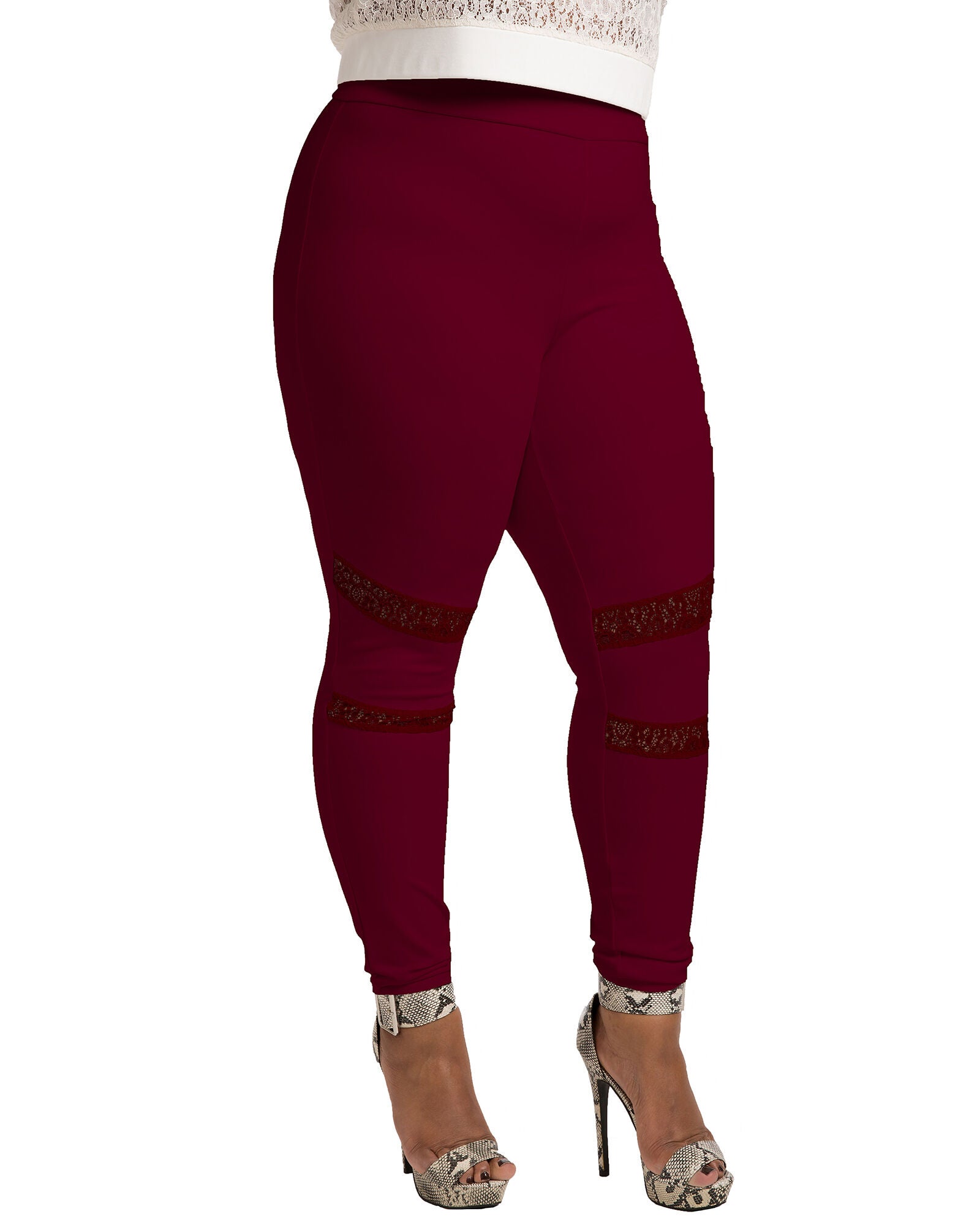 Janet Black Pull On Ponte Leggings with Lace Insert, Burgundy / Burgundy, alternate image number 4