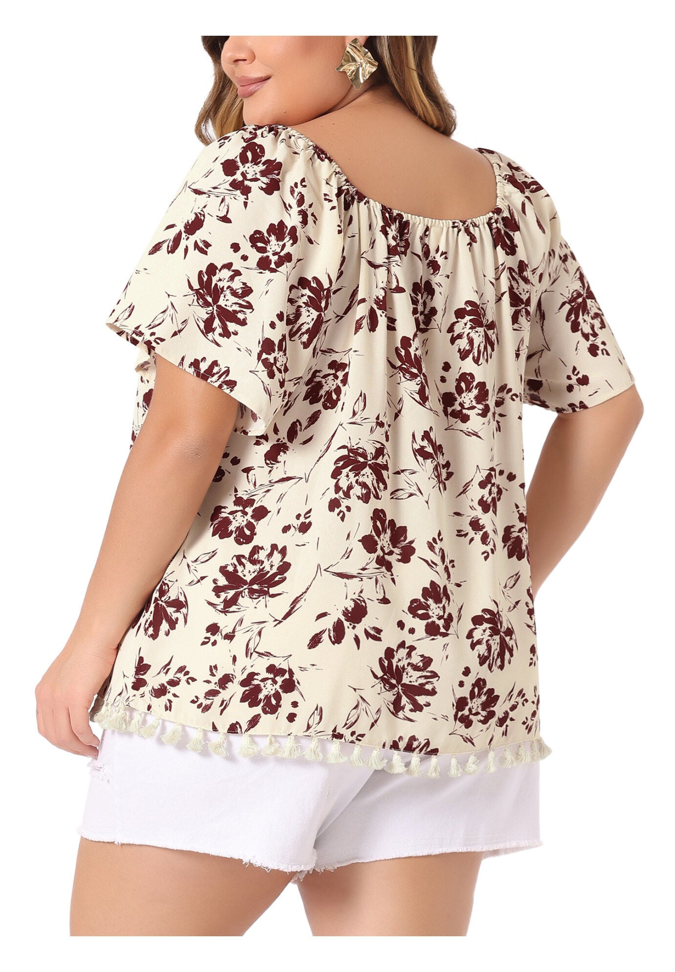 Square Neck Floral Tassel Hem Boho Tops, Beige / Beige, alternate image number 3