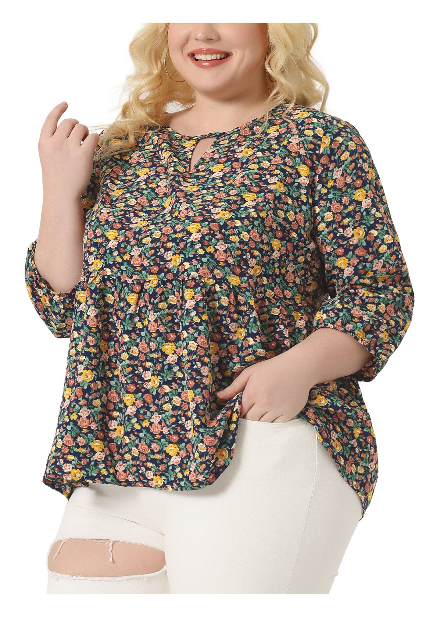 3/4 Sleeves Babydoll Chiffon Keyhole Floral Flowy Top Blouse, Navy Blue / Navy, alternate image number 1
