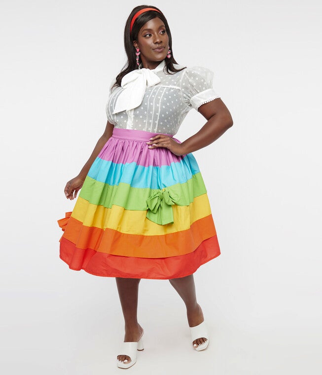 Unique Vintage 1950s Rainbow Stripe Gellar Swing Skirt, Rainbow Stripe / Red, hi-res image number 0