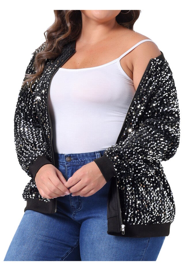 SEQUIN SPARKLE FRONT ZIP BOMBER JACKET, Silver / Silver, alternate image number 2