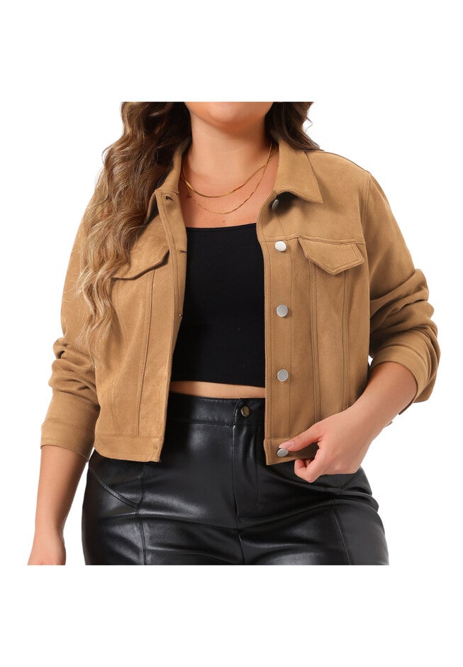 VINTAGE BIKER SHACKET CROP FAUX SUEDE LEATHER JACKET, Brown / Brown, alternate image number 2