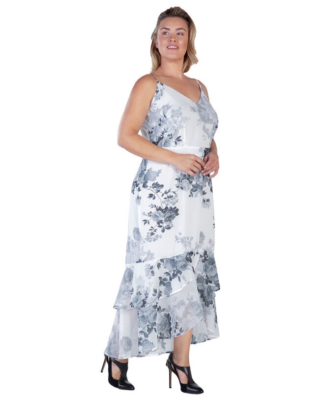 Samara Womens Plus Size Floral Print High-Low Ruffle Hem Maxi Dress, Black White Floral / Black, alternate image number 1