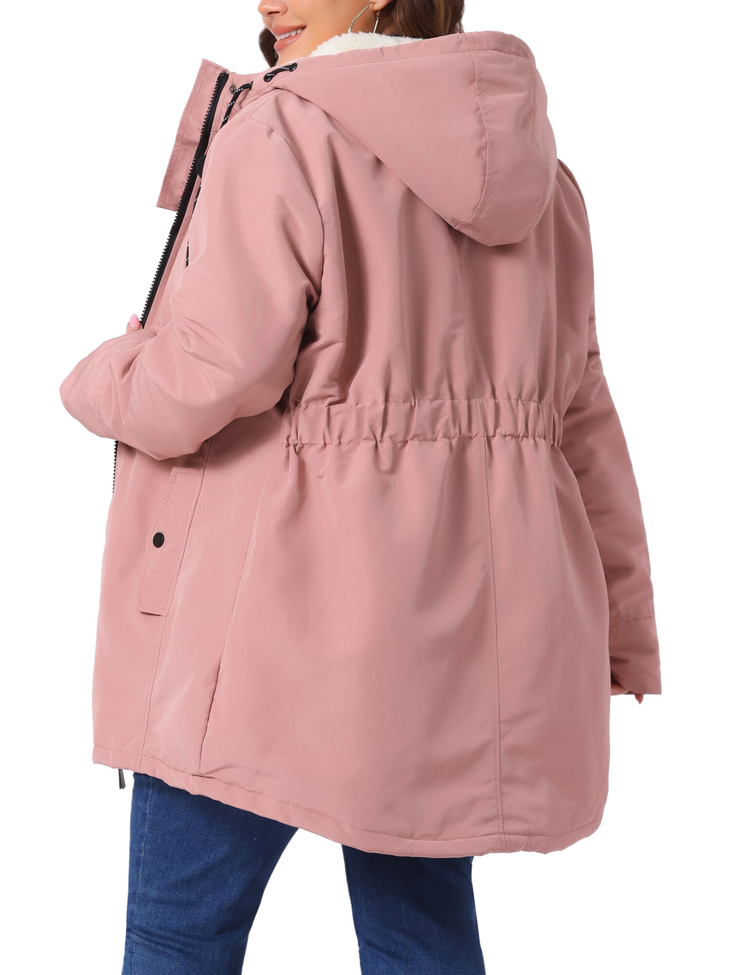 Faux Lamb Fur Leather Button Down Hoodie Parka Coat, Pink / Pink, alternate image number 3