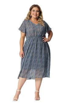 Summer Floral Print V Neck Smocked A-Line Flowy Midi Dress