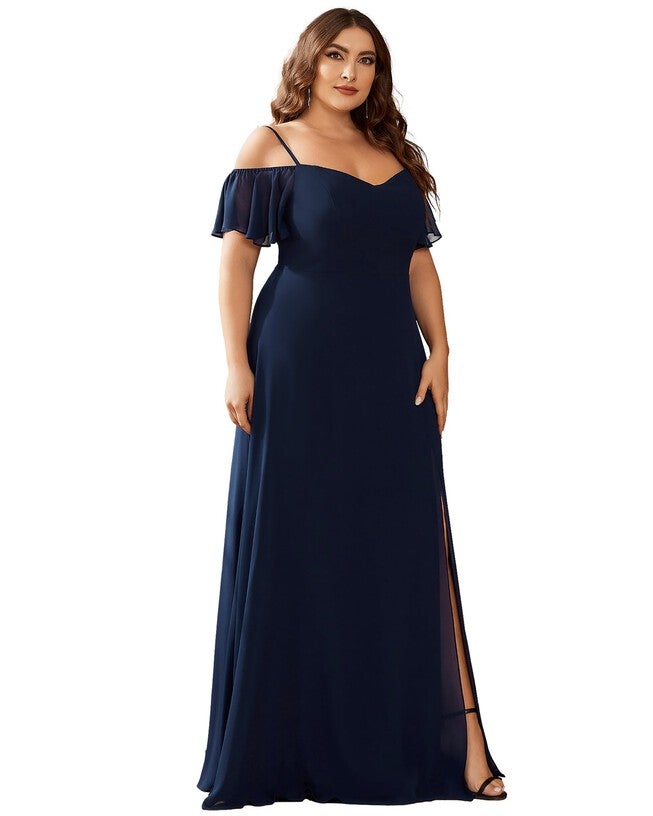 Stylish Cold Shoulder Flare Sleeves Flowy Bridesmaid Dress, , alternate image number 8