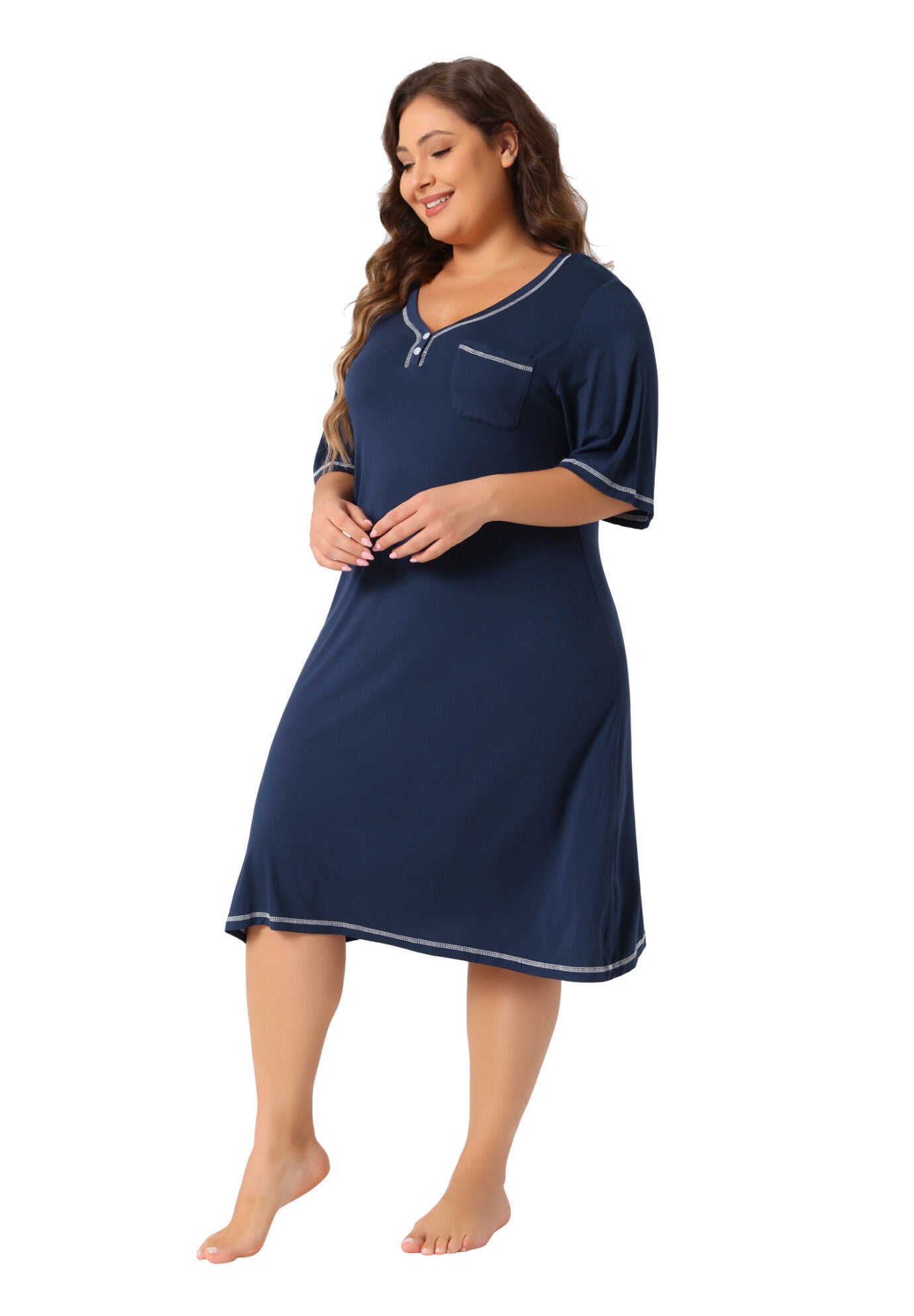 Short Sleeve V Neck Loose Sleepdress, Navy Blue / Navy, hi-res image number 0