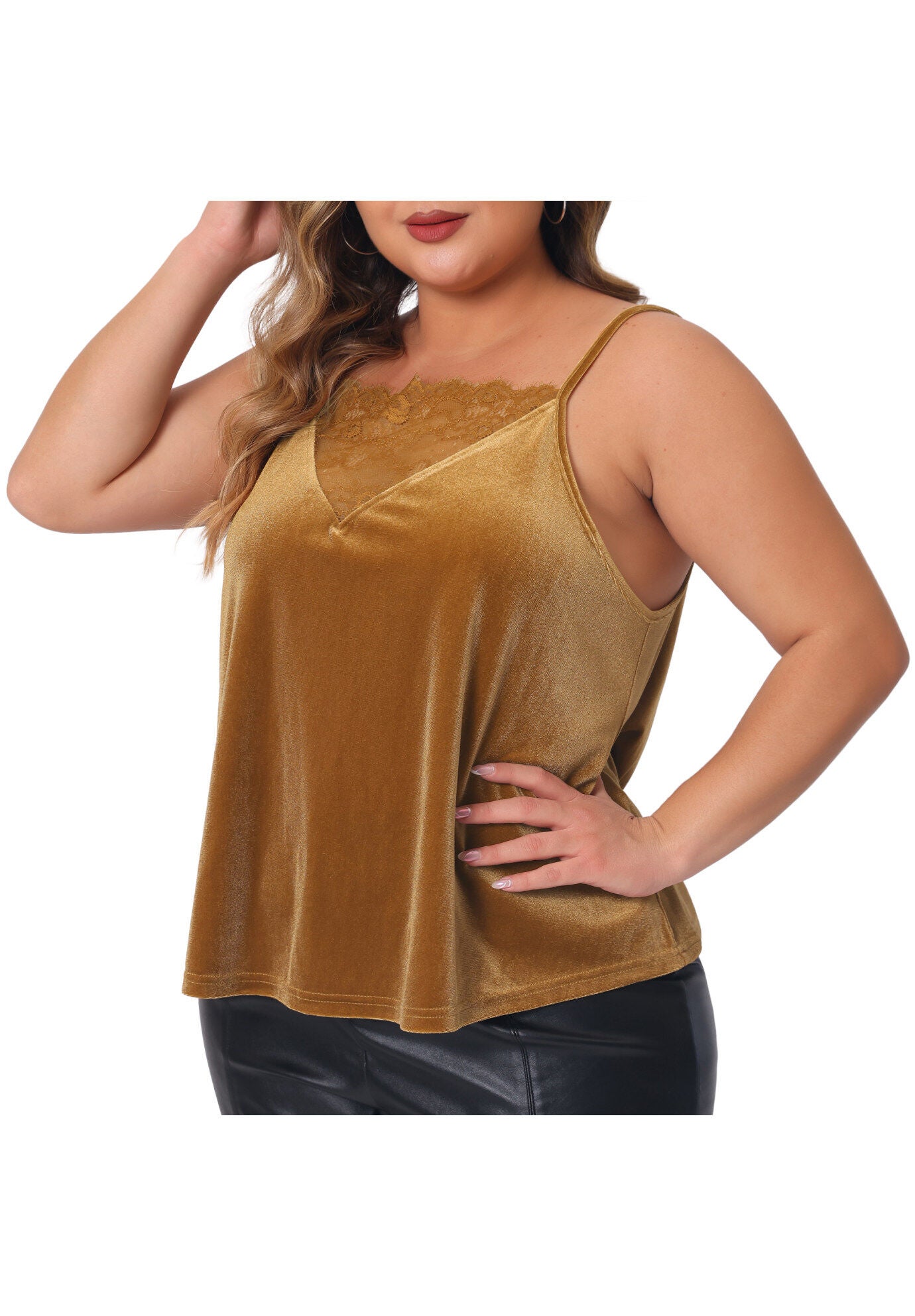 VELVET CAMI LACE DEEP V NECK SLEEVELESS TOP, Brown / Brown, alternate image number 2