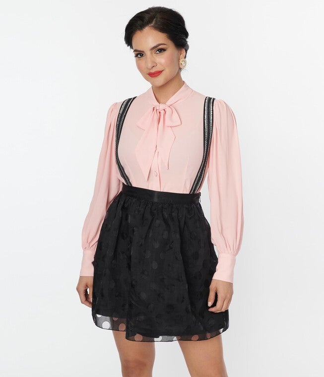 Unique Vintage Black Polka Dot Tulle Suspender Mini Skirt, Black Polka Dot / Black, alternate image number 3