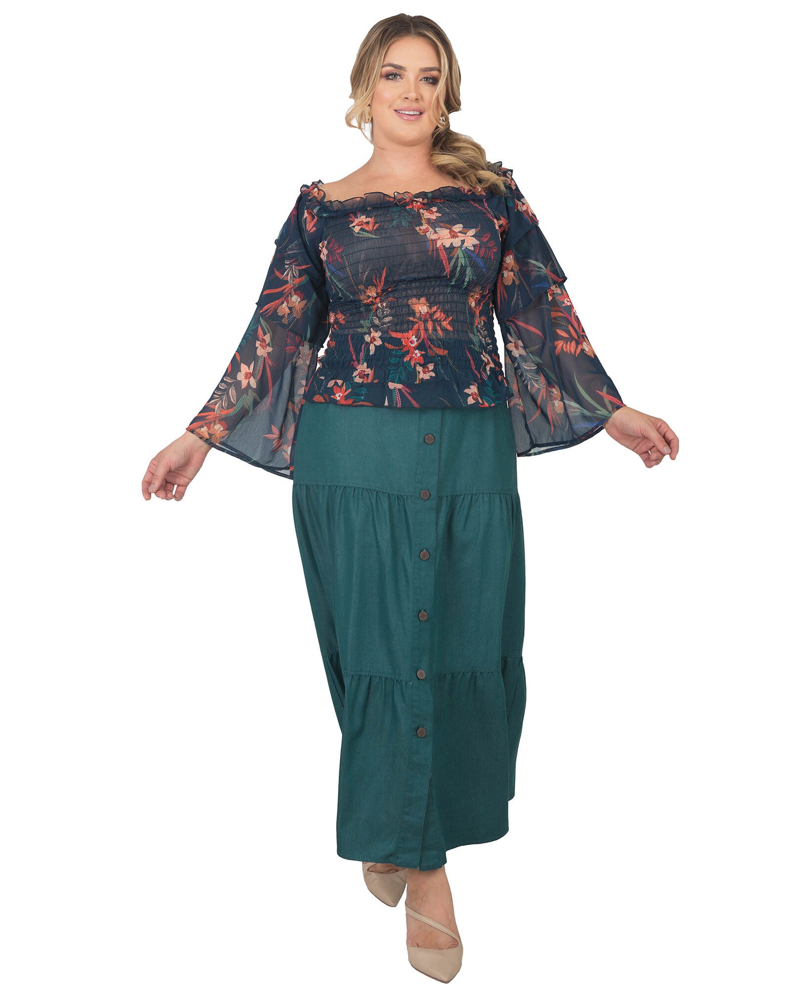 Plus Size Jessa Smocked Tierd Sleeve Top, Tropical Mist / Navy, alternate image number 2