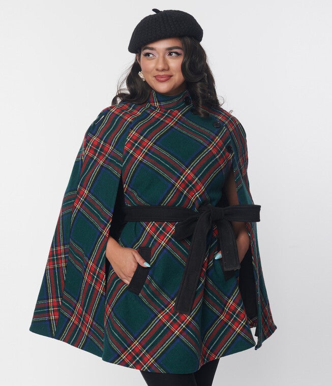 Smak Parlour Green Plaid Savile Row Cape Coat, Green / Forest Green, hi-res image number null